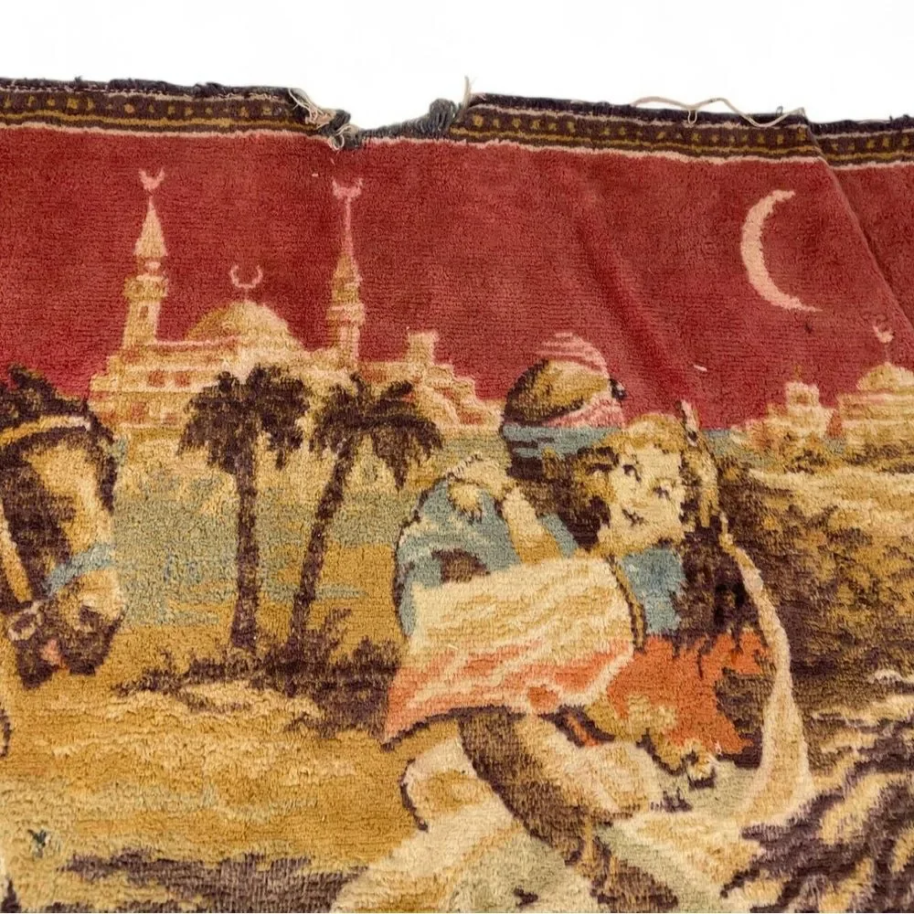 Vintage Arabian Nights Tapestry Middle Eastern Men Horses Wall Hanging 43x23